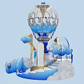 Blue And Gold Hot Air Balloon Shaped Art Installation With Clouds Steps And Decorative Elements