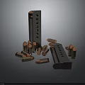 Firearm Magazines with Holes and Multiple Copper Bullets Scattered on Black Surface 3d model