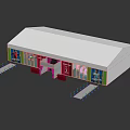 Modern Exhibition Hall With White Roof Green Trim And Red Entrance Design