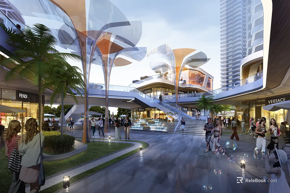 Modern Commercial Street Featuring Stylish Canopies Pedestrians High Rise Buildings Greenery And Lights 3d model 