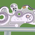 Children's Play Area With Curved Purple White Structures Lush Green Trees And Pathways