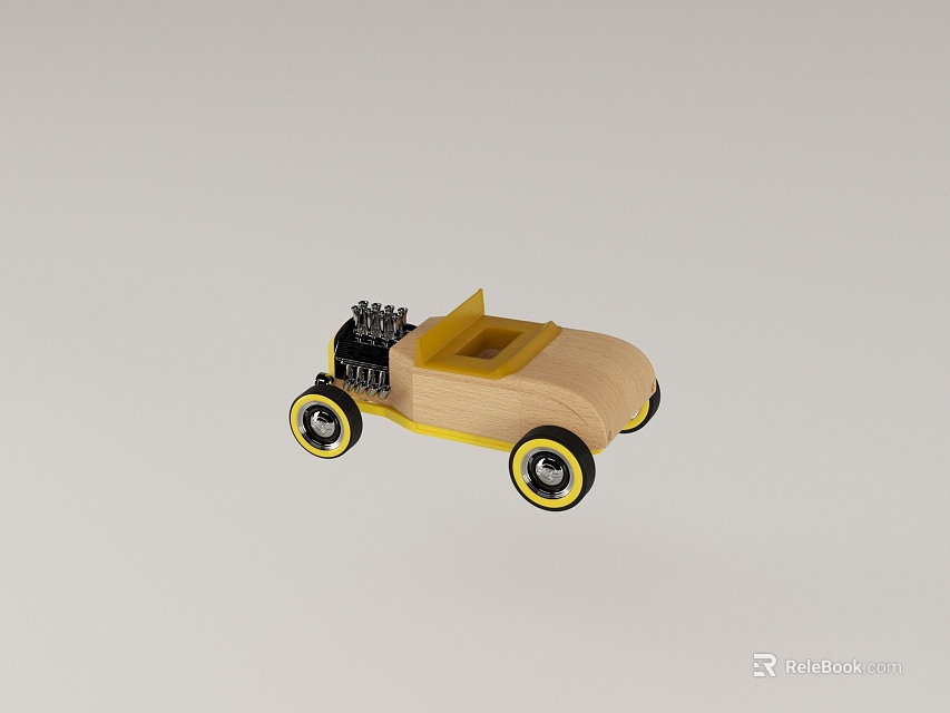 Wooden Electric Toy Car With Yellow Seat Black Wheels And Yellow Edged Rims 3d model 