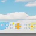 Colorful School Building Exterior with Geometric Patterns Multiple Windows Against Blue Sky with White Clouds 3d model