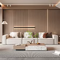 Modern Living Room Interior Design With Beige Sofa Wooden Wall Panel And Coffee Table