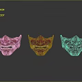 Three Red Traditional Demon Masks with Fierce Expressions and Decorative Patterns Representing Mythical Creature Roles