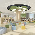 Children's Library Art Design With Tree Shaped Structure Cloud Lights And Colorful Stools