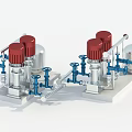 Industrial Equipment Setup With Red Pumps Blue Valves And Piping System