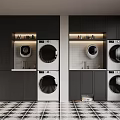 Modern Laundry Room With Black Cabinets White Washing Machines And Built In Storage