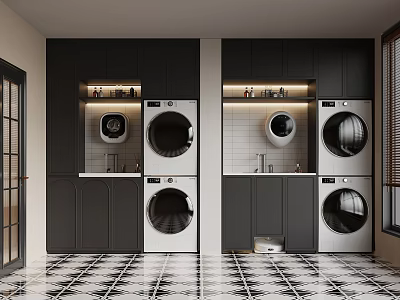 Modern Laundry Room With Black Cabinets White Washing Machines And Built In Storage 3d model