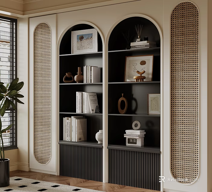 Modern Arched Double Bookcase With Books Vases Photo Frames And Rattan Details 3d model 