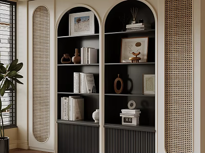 Modern Arched Double Bookcase With Books Vases Photo Frames And Rattan Details 3d model