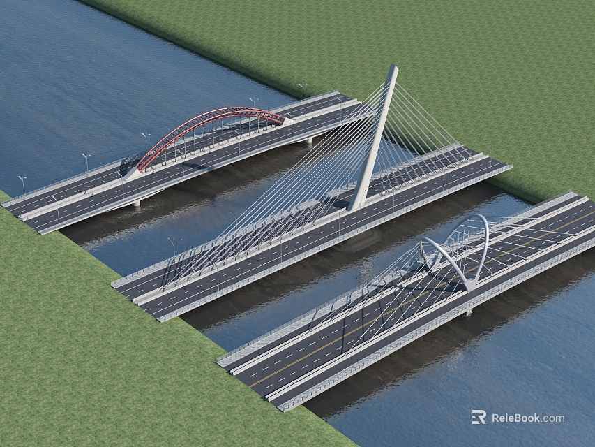 Modern Cable Stayed And Arch Bridges Over River With Road Lanes Green Landscape 3d model 
