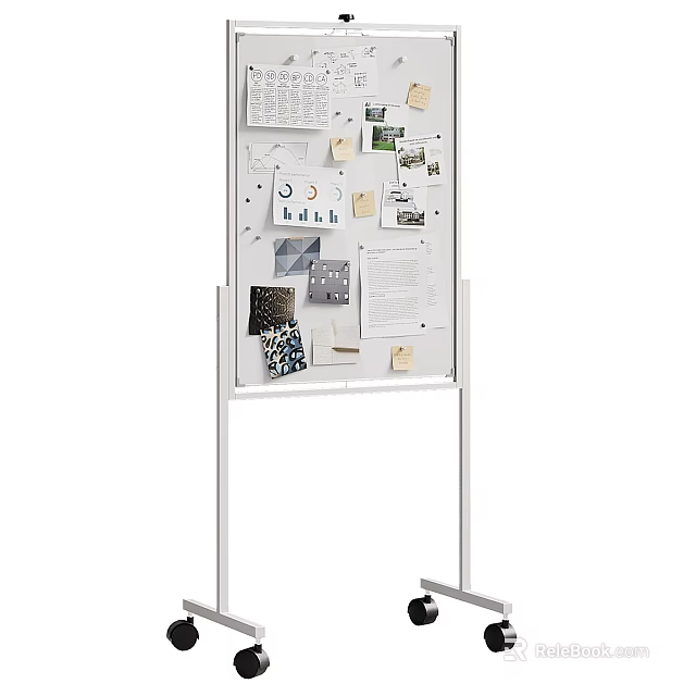 White Mobile Bookshelf With Notes Photos And Documents On Display Board 3d model 