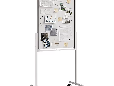 White Mobile Bookshelf With Notes Photos And Documents On Display Board 3d model