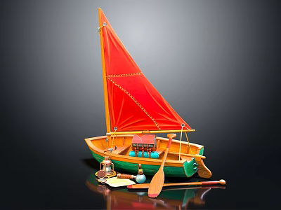 Colorful Model Boat With Red Sail Yellow Green Hull And Small Decorative Accessories 3d model