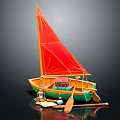 Colorful Model Boat With Red Sail Yellow Green Hull And Small Decorative Accessories