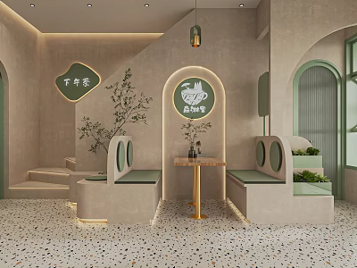 Elegant Modern Milk Tea Shop Interior With Arched Doorways Green Plants And Booth Seats 3d model