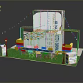 Modern Exhibition Booth Furniture With Tables Chairs Green Plants String Lights And Display Panels