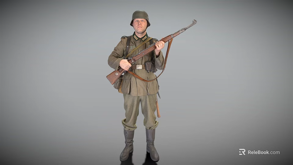 Man Dressed in Vintage Military Uniform Carrying Rifle Against Gray Background 3d model 