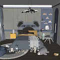 Kids Room With Mouse Ear Headboard Light Gray Navy Blue Walls Desk Chair Stuffed Toys