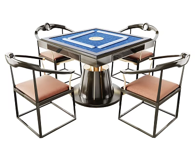 Modern Square Entertainment Table With Blue Surface Round Center And Metal Frame Brown Cushioned Chairs 3d model