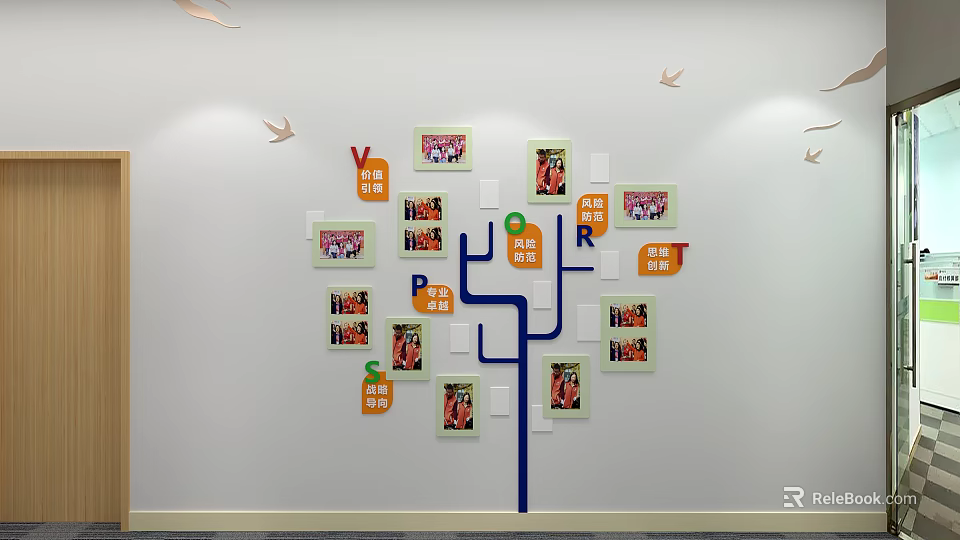 Tree Shaped Photo Wall Featuring Colorful Frames Blue Lines Orange Letters White Squares Bird Decor 3d model 