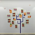 Tree Shaped Photo Wall Featuring Colorful Frames Blue Lines Orange Letters White Squares Bird Decor