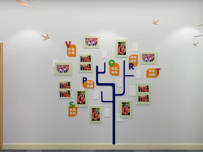 Tree Shaped Photo Wall Featuring Colorful Frames Blue Lines Orange Letters White Squares Bird Decor 3d model