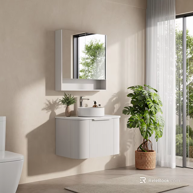 Modern Bright Minimalist Bathroom With Wall Mounted Vanity Mirror Cabinet And Lush Indoor Green Plants 3d model 