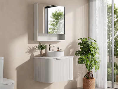 Modern Bright Minimalist Bathroom With Wall Mounted Vanity Mirror Cabinet And Lush Indoor Green Plants 3d model