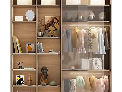 Modern Wardrobe Interior Design With Hanging Clothes Bookshelves Mirror Artwork And Decorative Items 3d model