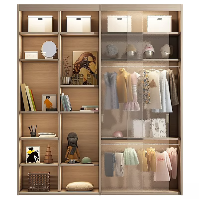 Modern Wardrobe Interior Design With Hanging Clothes Bookshelves Mirror Artwork And Decorative Items 3d model