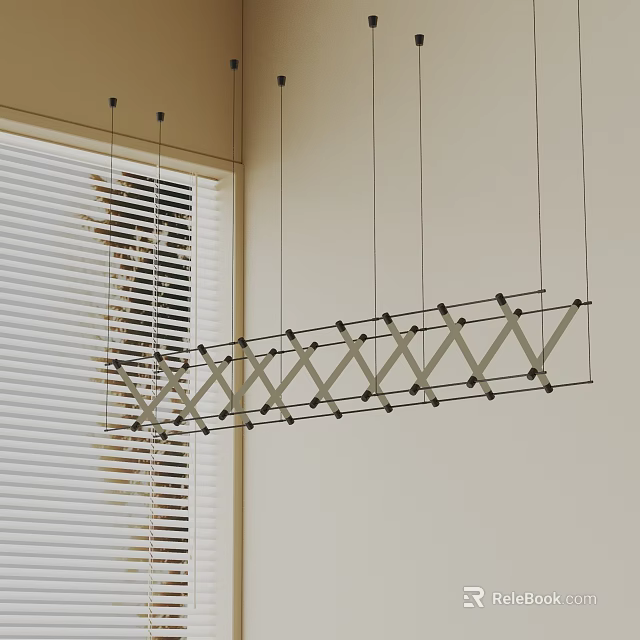 Modern Linear Chandelier With Crossed Metal Frame Above Light Colored Wall And Window Blinds 3d model 