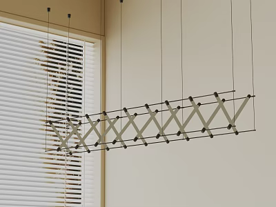 Modern Linear Chandelier With Crossed Metal Frame Above Light Colored Wall And Window Blinds 3d model