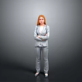 Professional Woman in Gray Suit Standing with Arms Crossed Against Gray Background