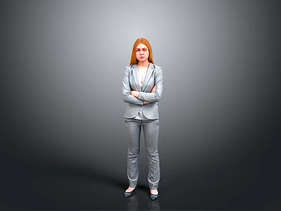 Professional Woman in Gray Suit Standing with Arms Crossed Against Gray Background 3d model