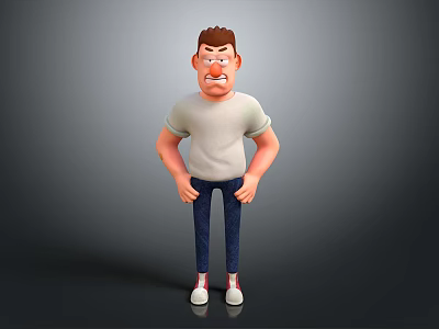 3D Cartoon Man in White T shirt Blue Jeans and Red Sneakers with Frowning Expression 3d model