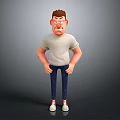 3D Cartoon Man in White T shirt Blue Jeans and Red Sneakers with Frowning Expression