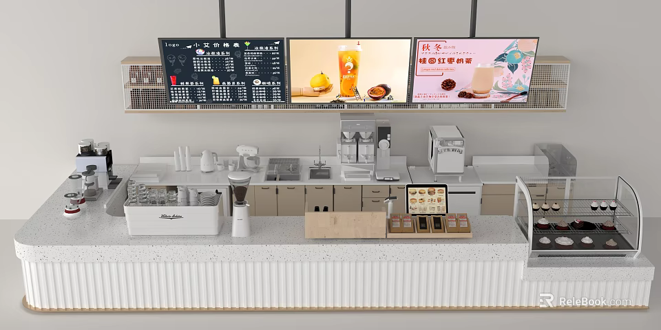 Modern Bar Counter With Menu Screens Fresh Drinks And Coffee Machine 3d model