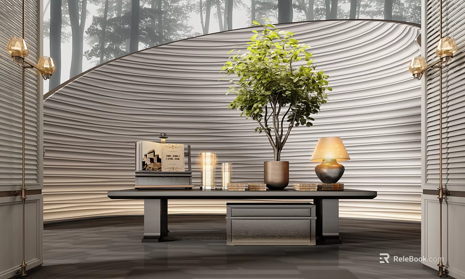 Modern Console Table Decor With Green Plant Table Lamp And Textured Wall Background 3d model 