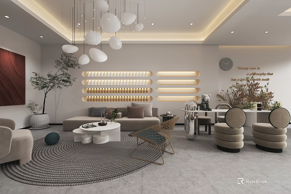 Modern Beauty Salon Interior Design With Comfortable Sofas Coffee Tables Pendant Lights And Plants 3d model 