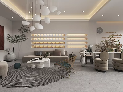 Modern Beauty Salon Interior Design With Comfortable Sofas Coffee Tables Pendant Lights And Plants 3d model
