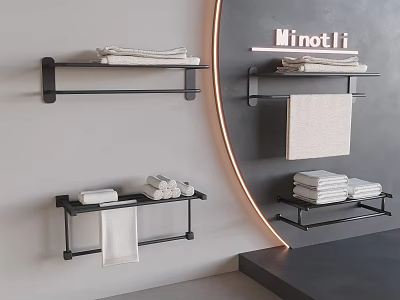 Black Bathroom Wall Shelves With Towels And Rolled Towel Storage Units 3d model