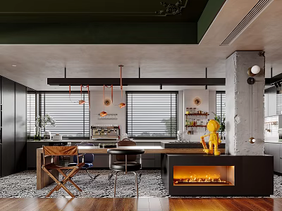 Modern Open Concept Kitchen Interior With Island Counter And Pendant Lights 3d model
