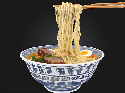 Traditional Ramen Bowl with Soft Boiled Egg Chashu And Noodles Lifted By Chopsticks 3d model