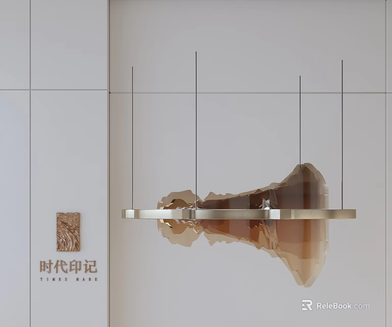 Modern Irregular Amber Glass Chandelier with Golden Circular Frame for Contemporary Interior Decoration 3d model 