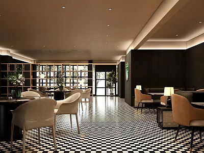 Elegant Modern Restaurant Interior With Checkered Floor Comfortable Seating And Warm Lighting 3d model