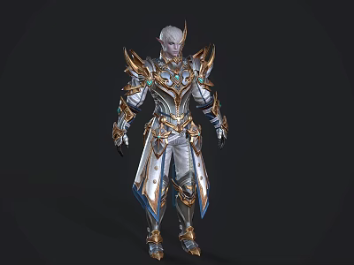 White Haired Game and Movie Character in Ornate Gold Blue Armor with Gemstones 3d model