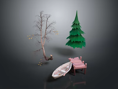 Outdoor Scenery With Bare Tree Green Pine Boat And Pink Bench 3d model