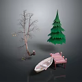 Outdoor Scenery With Bare Tree Green Pine Boat And Pink Bench